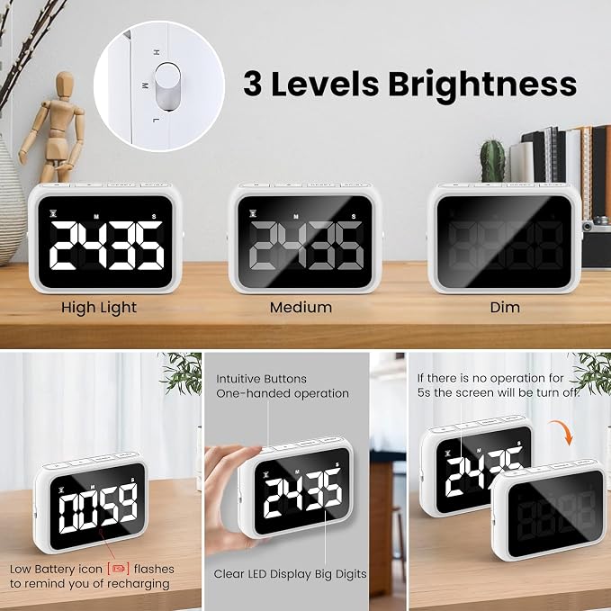 USB Rechargeable Loud Digital Kitchen Timer with Large LCD Display & Adjustable Loud Alarm - Ideal Magnetic Timer for Desk or Kitchen