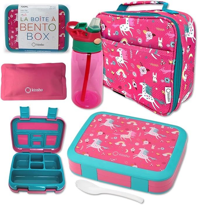 kinsho Bento Lunch Box, Bottle, Bag, Ice Pack for Small Kids, Pink Unicorn | 5 Leakproof Portion Compartments, BPA-Free Removable Tray, Insulated Meal or Snack Container for Pre-School Daycare