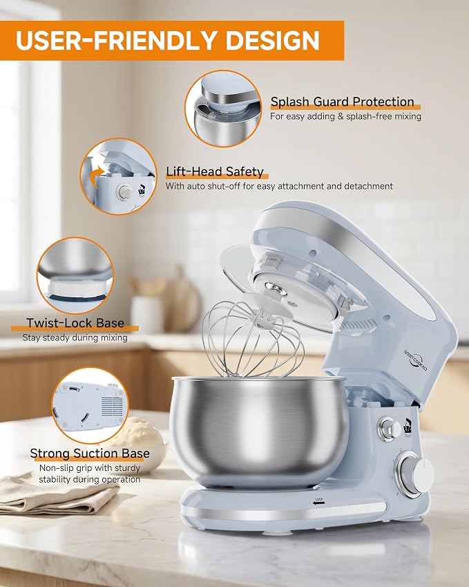 Stand Mixer 3.4QT Kitchen Electric Standing Mixer 6+P Speed 3-In-1 Blue | Household Mixers with Whisk,Dough Hook,Flat Beater&Splash Guard, small for Baking Cheesecake and Bread in Kitchens