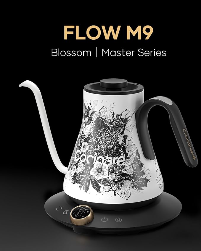 Cocinare Gooseneck Electric Kettle, ±1℉ Precise Temperature Control, 0.9L | 1500W Quick Heating, Stainless Steel Inner, Pour Over Coffee & Tea, Keep Warm, Auto Shut-Off, LED Display Artisan Blossom