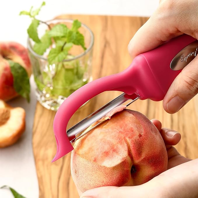 Spring Chef Swivel Vegetable Peeler for Kitchen w/Soft Grip Handle, Pink | Premium Potato Peeler w/ Ultra Sharp Stainless Steel Blades, Multifunctional Veggie Peeler for Apple, Carrot, Cucumber, Fruit
