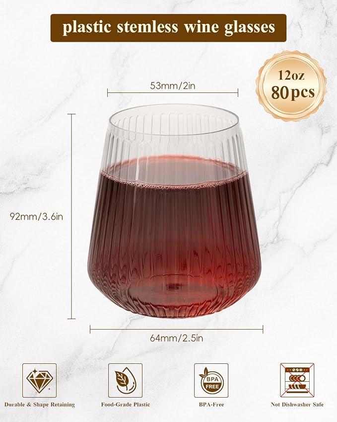 Goodluck 80 Pack 12oz Stemless Plastic Wine Glasses – Clear Ribbed Cups | Elegant Reusable Disposable Drinkware for Weddings, Parties, Bars, Indoor and Outdoor Events