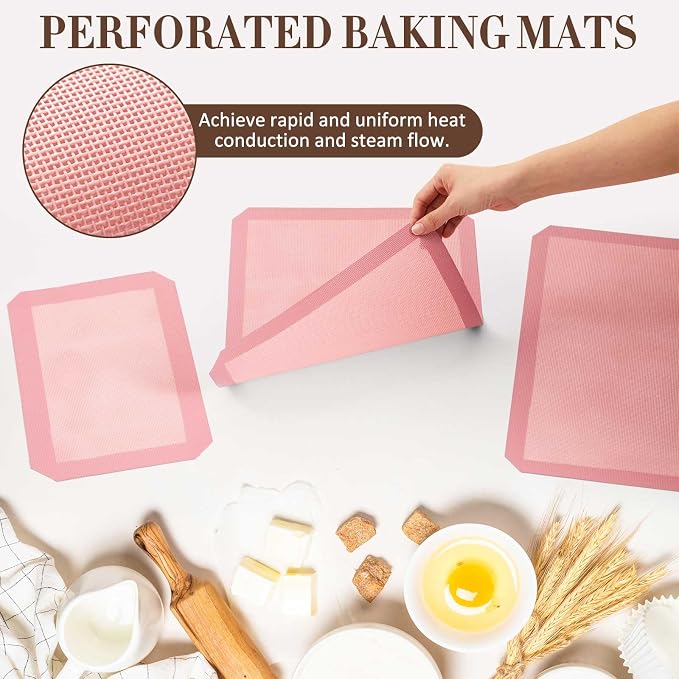 3 Pack Perforated Baking Mats, Eclair Pink Silicone Nonstick Mats | 2 Half Sheets & 1 Quarter Sheet, Pink Reusable Oven Liners, Baking Supplies for Cookies Bread Pizza Pastry, 16.5" x 11.6"