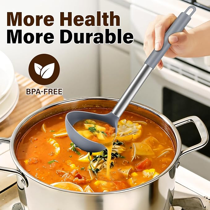 3Pcs Silicone Cooking Spoon Set, Kitchen Utensils Include Solid & Slotted Spoon, Soup Ladle, Food-Grade Heat Resistant 446°F, Non-Scratch Spoons for Serving, Stirring, Draining, Dishwasher Safe, Gray