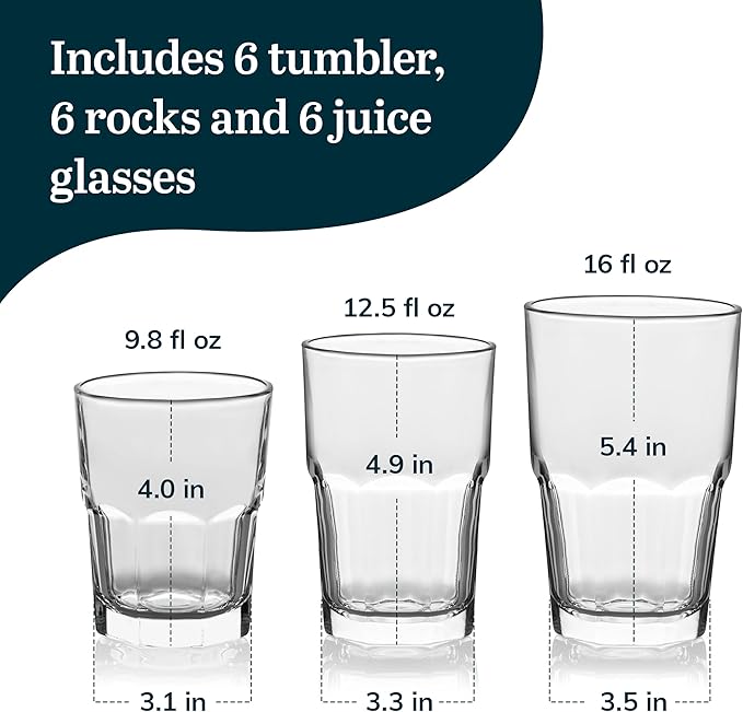 Libbey Boston Tumbler, Rocks, and Juice Glasses, 18 Piece Classic Stackable Glass Cups Set, Versatile, Kitchen Drinking Glasses Set for Everyday Use