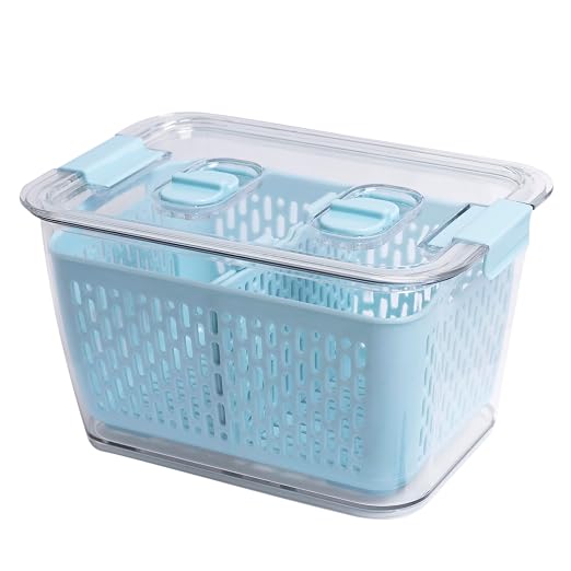 Kitchen Spaces Colander Bin, Produce Saver, Fridge Organizer With Lid, Wash, Strain and Store, Great for Refrigerator, Freezer and Pantry, Medium, Blue, Pack of 1