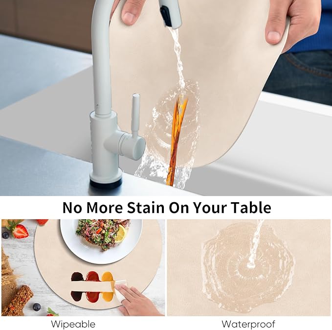 ADRIMER Placemats, Heat Resistant Round Placemats Set of 12 Washable, Waterproof Table Mats, Wipeable Faux Leather Place Mats for Kitchen, Dining Room, Beige