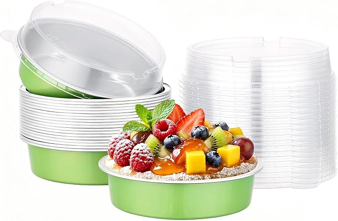Beasea Mini Tart Pans with Lids 20 Pack, 4" 7.3oz Matcha Green Disposable Aluminum Foil Baking Tins Cups, Round Pie Container Mini Tart Pan for Individual Cupcake Dessert Muffin Cheesecake Quiche