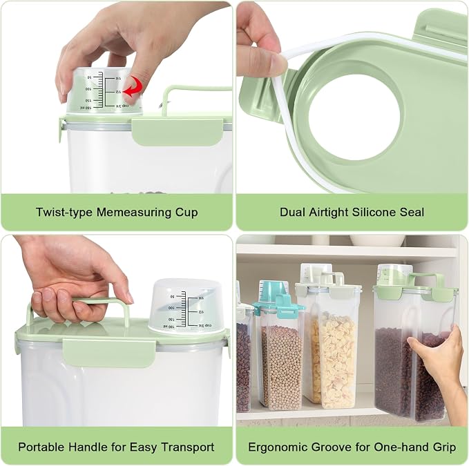 5 Lbs Pet Dog Food Storage Container for Travel Bird Seed Dispenser - Green | Portable Cat Food Containers with Collapsible Bowl 10 Lbs Rice Bin Airtight Cereal Oatmeal Flour Holder with Large Pour Spout