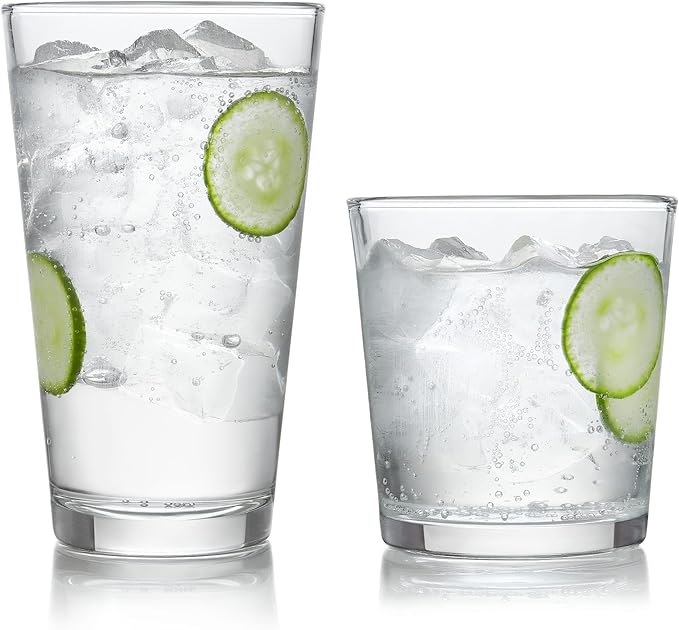 Libbey Preston Tumbler & Rocks Drinking Glasses Set of 16, All-Purpose Cups | 16 oz and 13 oz Capacities for Water, Juice, Cocktails, and More with Wide Mouths and Dishwasher-Safe Cleanup