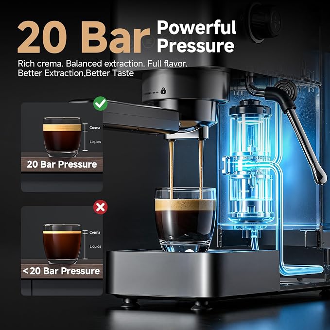AAOBOSI Compact Espresso Machine, 20 Bar, Milk Frother, Latte & Cappuccino | Compact Design, 30s Heat-Up, PID Temp Control, Single, Double & Custom Shots, Easy Milk Frothing, 50oz Tank, 51mm Portafilter