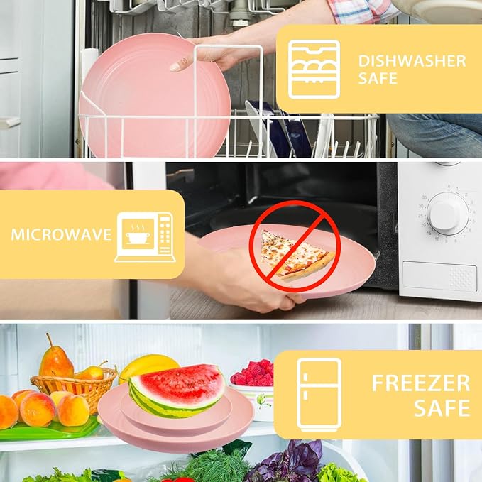 32Pcs Pink Plates and Bowls Sets for 8, Unbreakable Dinnerware | Lightweight reusable wheat straw pink dishes set. Shatterproof pastel camp plates & bowls for college dorm, RV, or picnics.