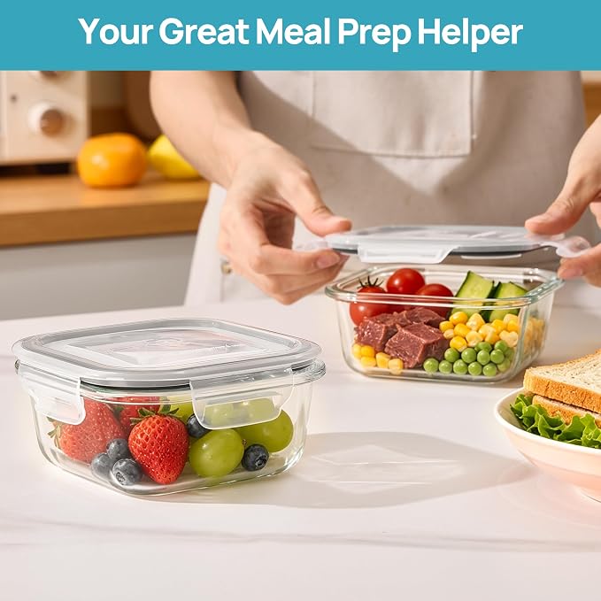 Vtopmart 2Pack 17.5oz Glass Meal Prep Food Container Sets with Lids | Glass Storage Containers with Snap Airtight Lids for Microwave, Oven, Freezer and Dishwasher, BPA Free