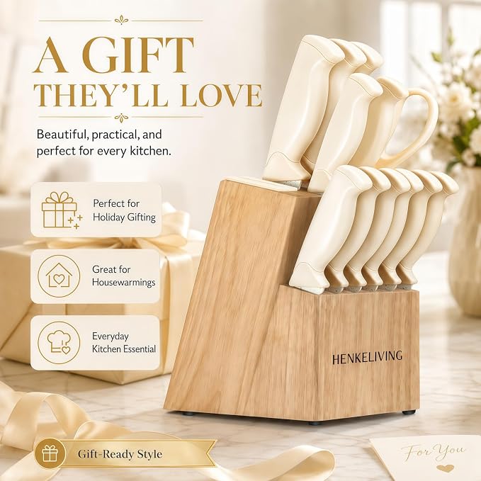 14-Piece Cream Kitchen Knife Block Set with Built-in Sharpener | Dishwasher safe, german high-carbon stainless steel blades, ultra-sharp edges, ergonomic non-slip handles