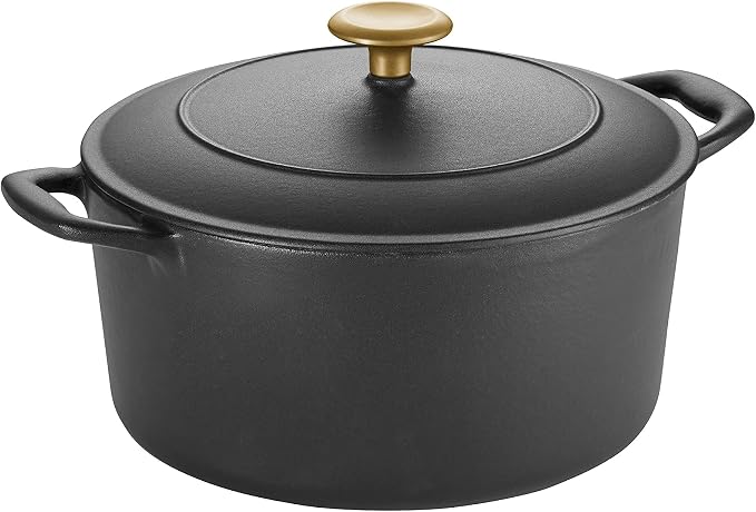 Tramontina Bestow Enameled Cast Iron 5.5-Qt Round Dutch Oven Pot with Lid | Great for Braising, Roasting and Bread Baking - Matte Black with Gold Knob