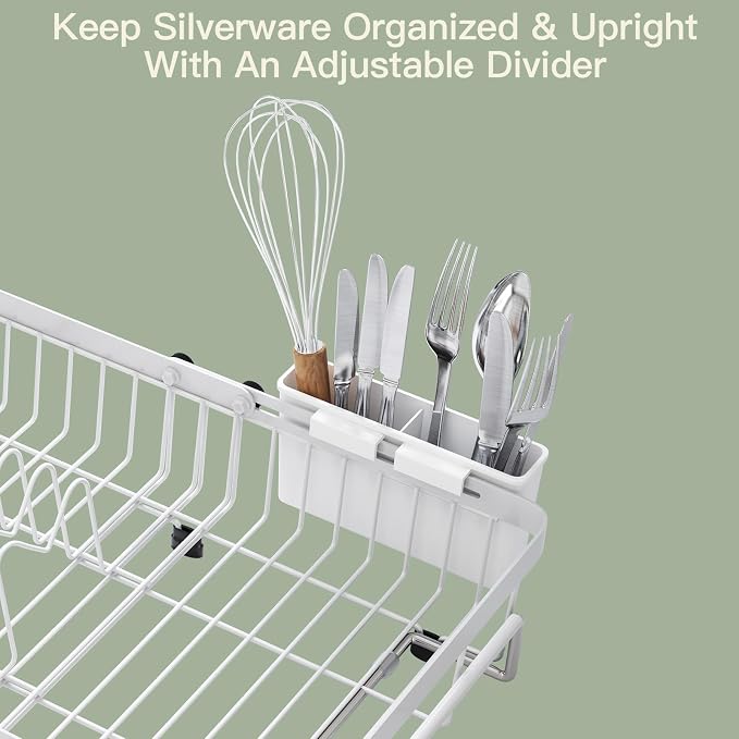 White Dish Drying Rack Over The Sink with Utensil Holder | Expandable Stainless Steel Dish Drainer for Small Kitchen, Apartment, RV, Counter Space Saving, Perfect Fit, Rustproof