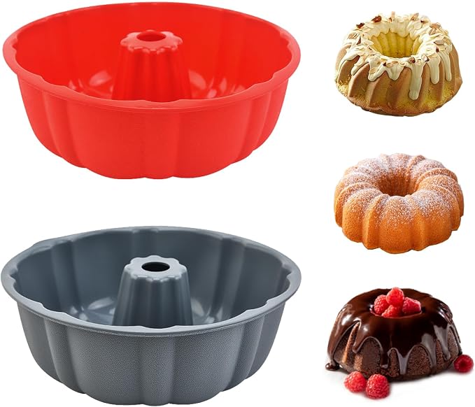 2 Pack Silicone Cake Pan,Jello Moldes Para Gelatinas，10 Inch, Red+Grey | Nonstick,Cake Pans，moldes para gelatinas，Pound Cake Pan, Baking For Jello, Gelatin, Cake, Brownie and Bread