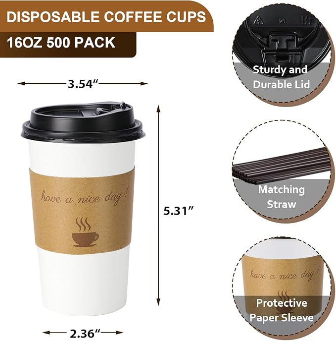 BYSNOW 500 pack 16 oz Bulk Disposable Paper Coffee Cups with Lids Hot Cups | Paper To Go Cups with Lids, Sleeves and Stirring Sticks, Hot Paper Cups for Home, Office and Party (White 16oz)