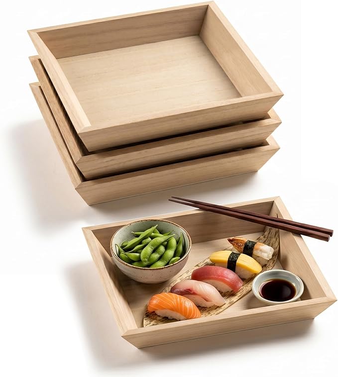 Wooden Serving Trays Set of 4, 8x8x1.2 Inches Natural Wood Serving Tray for Home Decor, Decorative Wooden Trays for Coffee Table, Ottoman, Kitchen Counter, Dining Table & Organization