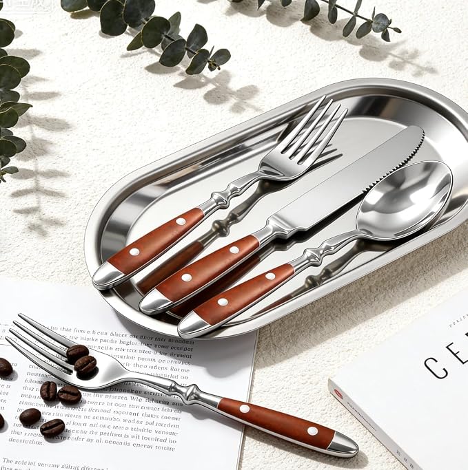 20pcs Brown Silverware Set Service for 4,Vintage Flatware Set with Brown Bakelite Handle, Stainless Steel Cutlery Set, Dishwasher Safe