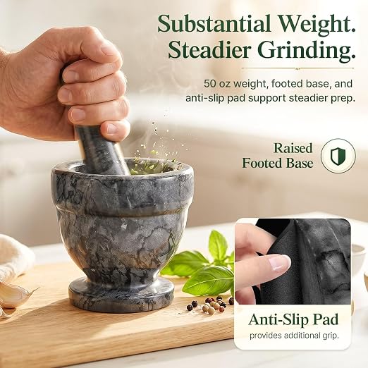 Flexzion Mortar and Pestle Set, Black - Solid 4 inch Heavy Granite Molcajete Stone Grinder Crusher Bowl for Guacamole, Herbs, Spices, Garlic, Medicine Pills, Grain, Kitchen, Cooking | Heavy Marble Molcajete Bowl with Coarse Interior for Grinding Herbs,...