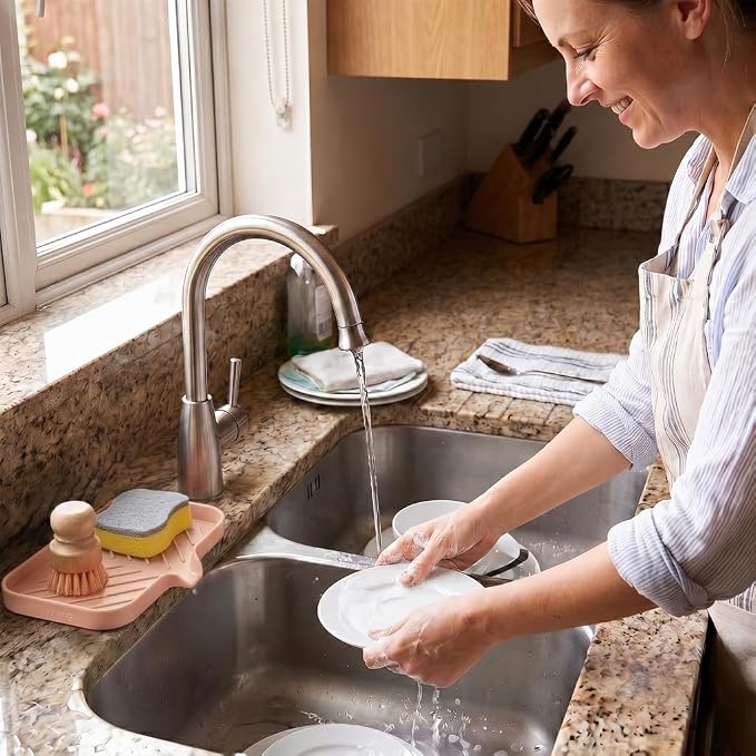 MicoYang Silicone Soap Dish with Drain Spout — Self-Draining Sink Organizer Tray for Bathroom & Kitchen, Sponges, Dispensers & Soap Holder, Non-Slip & Dishwasher Safe, Pink (Medium, 9.6"×5.3")