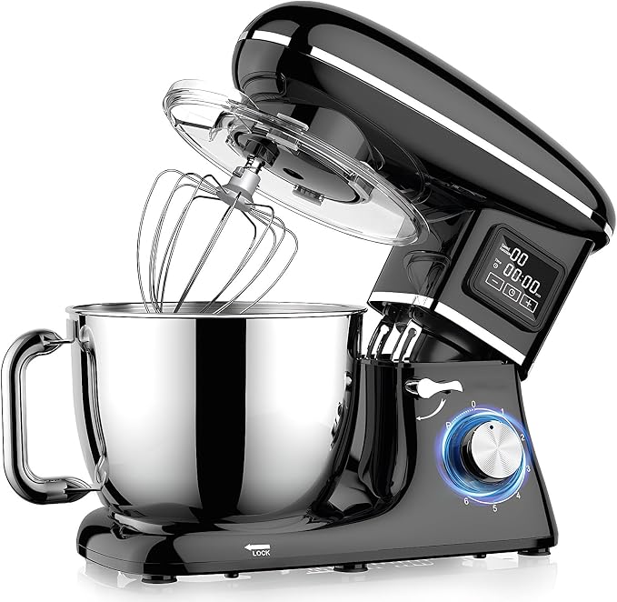 Electric Stand Mixer with LED Display & Timer 6.5QT Bowl Stainless Steel, 1350W 6-Speeds Kitchen Stand Up Mixer for Baking Cakes Cookie Bread Salad Food with Egg Whisk, Dough Hook, Beater