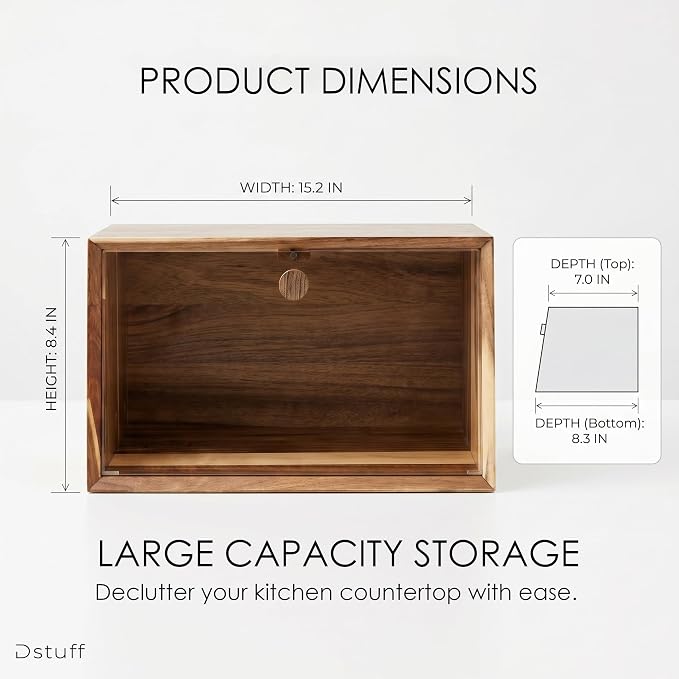 Dstuff Large Acacia Wood Bread Box for Kitchen Countertop - Minimalist Wooden Breadbox with Frameless Acrylic Window & Hidden Hinges - Farmhouse Storage Cabinet Organizer, Bread Box, Wood Box