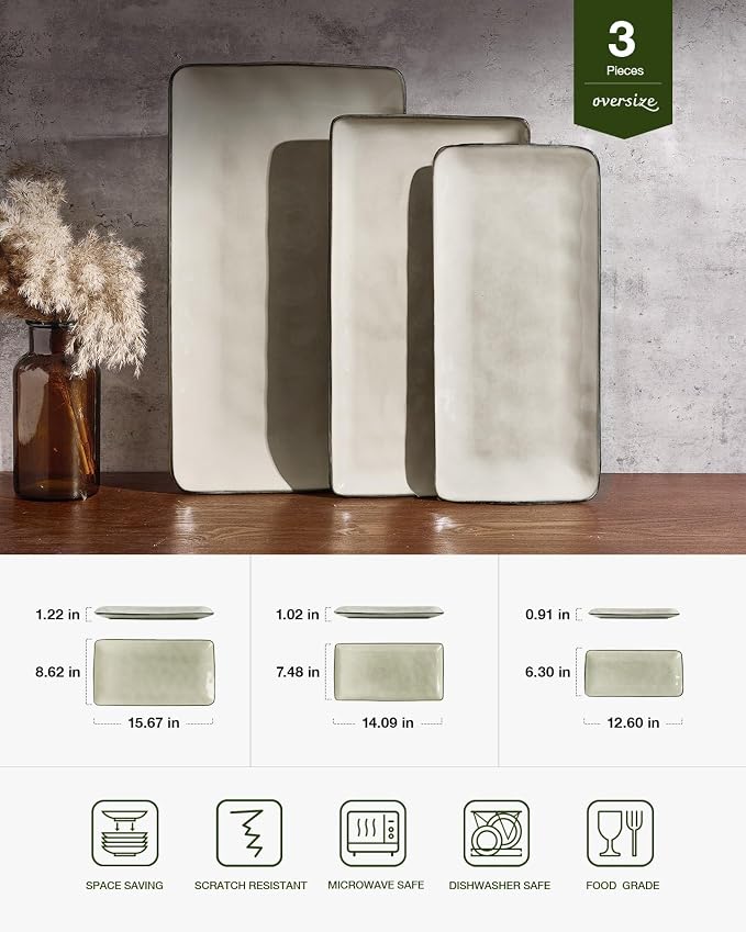 Famiware Serving Platters Set of 3 Sizes - Rectangular, Light Khaki | 15.67"/14.1"/12.6" Fine Stoneware Serving Trays for Party, Entertaining for Food, Turkey, Cheese, Microwave Dishwasher Safe