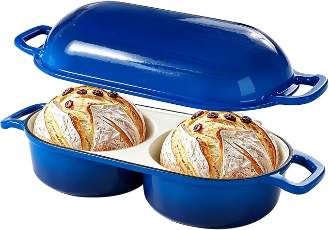 Enameled Cast Iron Bread Oven with Lid, 2.7 QT Double Loaf Dutch Oven for Sourdough Bread Baking, Dual Bread Pan for Artisan Homemade Bread, Even Heat Distribution, Oven Safe to 500°F