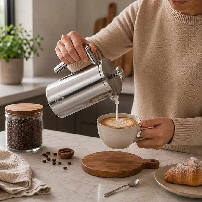 QNA French Press Coffee Maker Set, 20oz 304 Stainless Steel | Includes a coffee canister and extra filter for 4-layer filtration, making 5-6 cups of smooth coffee with fewer grounds.