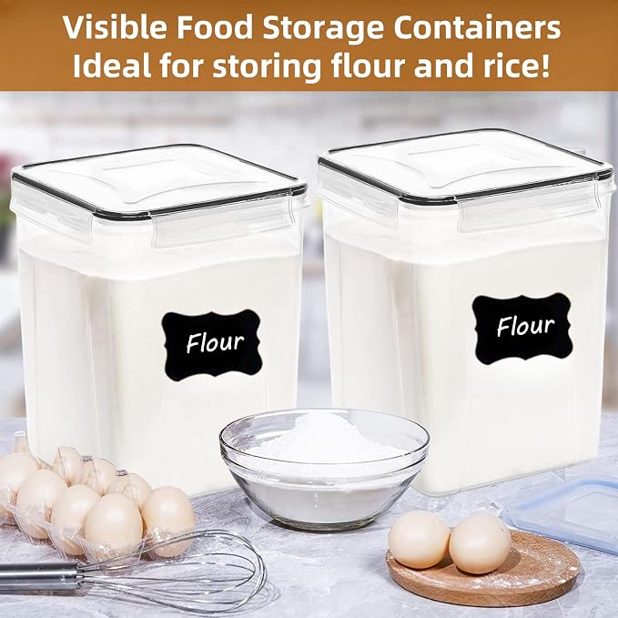 4pc 5.2L Large Airtight Plastic Canisters with Lids, Cups & Labels | 4pk 5.2L airtight containers block moisture. Stackable bins fit rice, flour and all baking pantry supplies