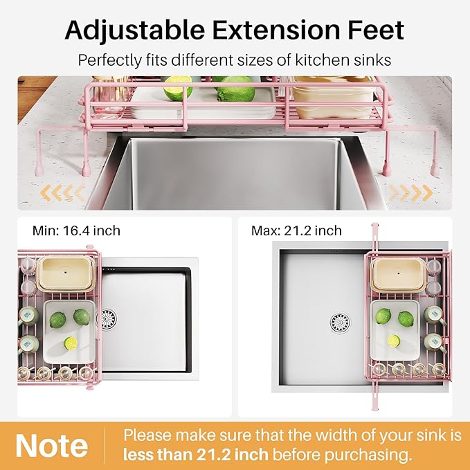 SNTD Expandable Dish Drying Rack for Kitchen Counter, Stainless Steel, Pink | Foldable Over Sink, Large Capacity, Adjust to Fit Most Sinks, Angled Drainboard, Removable Utensil Holder, Slip Resistant