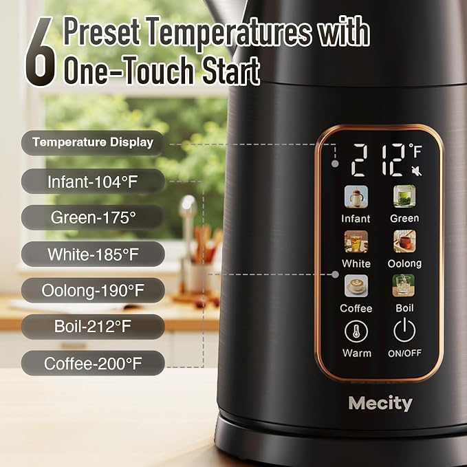 Mecity Electric Kettle 1.7L Touch Screen Temperature Control Water Boiler, No Plastic Contact with Water. 6 Preset Temperature Programs, 2 Hours Keep Warm, Black