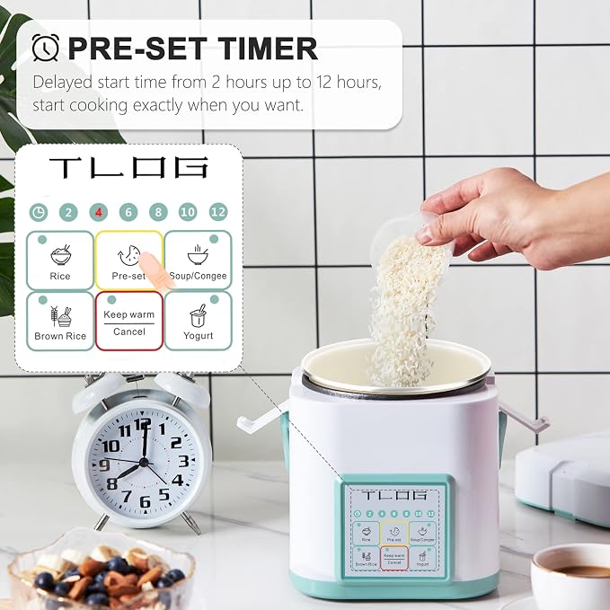 TLOG Mini Rice Cooker, 1.2L with Ceramic-Coated Pot, 2.5-Cup Uncooked | Food steamer, 12-hour delay timer, compact size for 1-2 people, for rice, grains, oatmeal, dorm rooms and travel