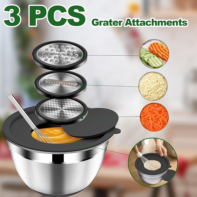DUTZUN Kitchen Appliances, Large Mixing Bowls with Lids Set & Colander | 6.0 QT Stainless Steel Mixing Bowl with Strainer & Graters for Baking, Serving, Cooking, Prep, Salad