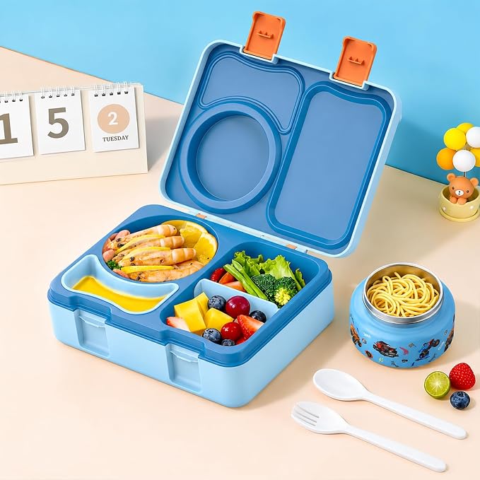 Bento Box for Kids, Leakproof Kids Lunch Box with 8.5OZ Thermo Food Jar & Lunch Bag, 3-4 Compartments Toddler Insulated Lunch Box for Boys, BPA Free Lunch Containers for School Daycare