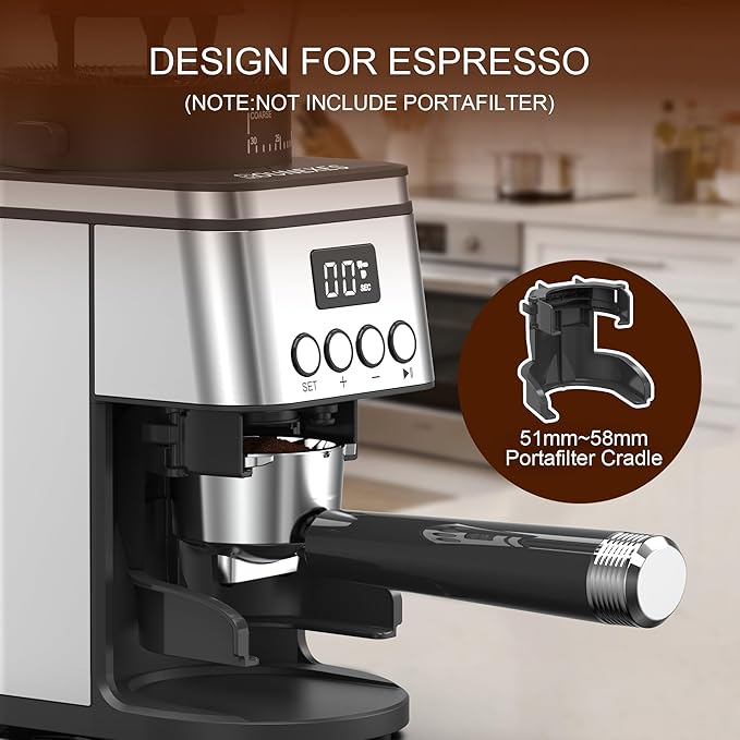 Conical Burr Coffee Grinder Electric,Stainless Steel Coffee Grinder for Home, Adjustable Burr Grinder with 30 Grind Settings, Digital Timer & 2-12 Cup Control, Removable Sealed Hopper, silver