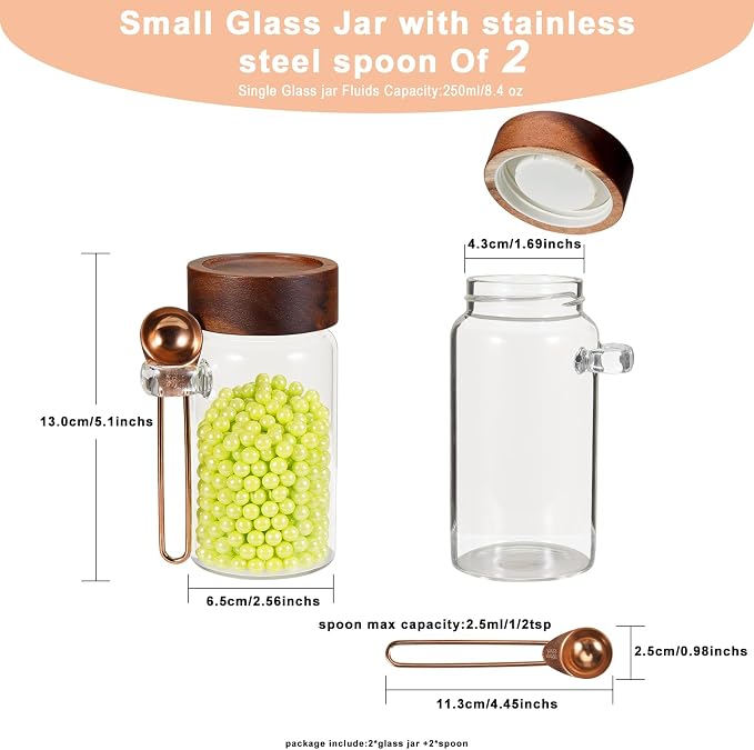 8oz Small Glass Spice Jar with Spoon Airtight Screw Wood Lid Clear Sugar Herb Container Food Storage Canisters Bottle for Seasoning Coffee Ground Bean Kitchen Tea Overnight Oats Bar(2×250ml(8.4oz))