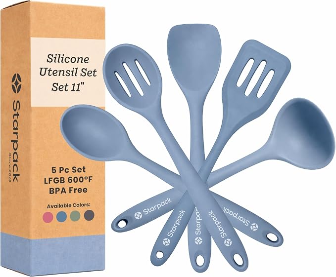 Starpack Stir and Serve Silicone Cooking Utensils Set (5-Piece, 11") - LFGB Non Toxic, 600°F Heat Resistant, BPA-Free - One-Piece Seamless, Dishwasher Safe - for Nonstick Cookware, Light Blue