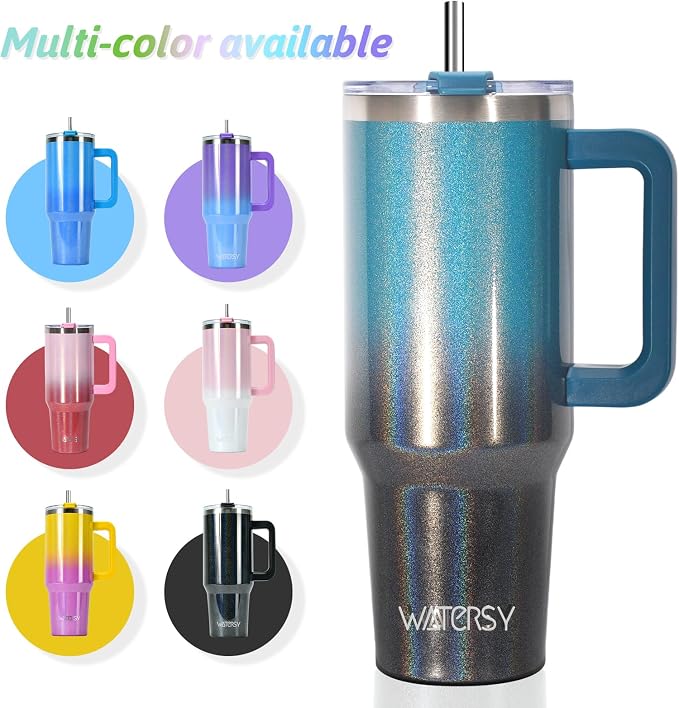 40 oz Shiny Tumbler with Handle and Straw,Stainless Steel Tumbler with Lid and Straw,Insulated Travel Mug(Cold for 34 Hours),Water Bottle for Iced Tea,Coffee (Black Blue)