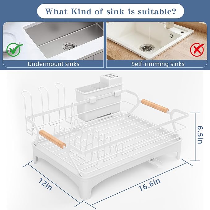 Dish Drying Rack,Space Saving Dish Drainer for Kitchen Counter & Sink,White | Rustproof,Riser Feet,Wooden Handle,Cup Holder & Knife Slots,Expandable Spout,Auto-Drainage System,Sink Storage Organizer