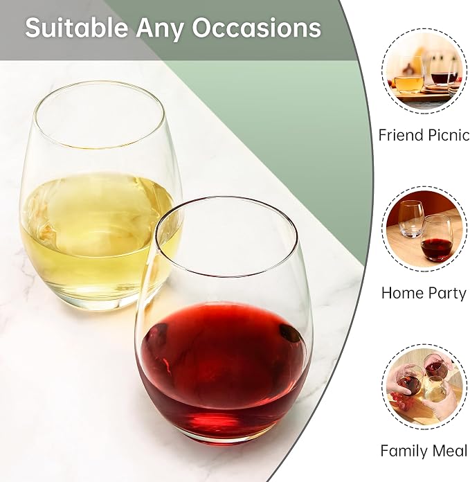 UMI UMIZILI Stemless Wine Glass Set of 12, 14OZ Wine GLass for White Red Wine, Classic Shape Wine Glass with Smooth Rim, Crystal Clear