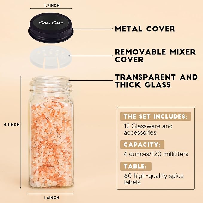 24Pcs Spice Jars with Label, 4oz Empty Square Seasoning Containers, Spice Jars with Shaker Lids, Small Spice Bottles for Salt, Herbs, Sugar, Pepper, Seasoning Jars for Spice Rack, Cabinet, or Drawer