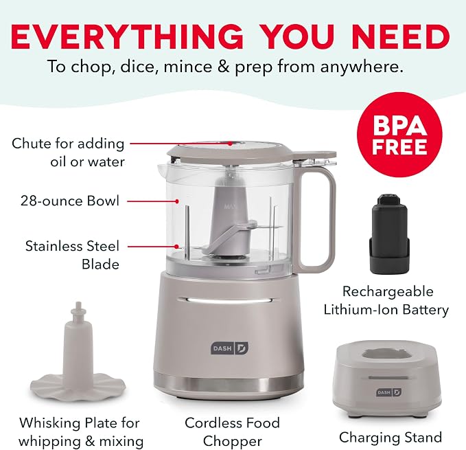 Dash Cordless Food Chopper, 28 oz Ingredient Bowl, French Grey | Electric Vegetable & Onion Chopper, Mini Food Processor for Garlic & Dips, One-Touch & Rechargeable