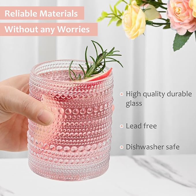 ZMOWIPDL Drinking Glasses Set of 6,12oz Clear Hobnail Glass Cups | Vintage Glassware，Embossed Water Tumbler,for Beer,Cocktail,Whiskey,Juice and Various Mixed Drinks- 1 Cleaning Brush