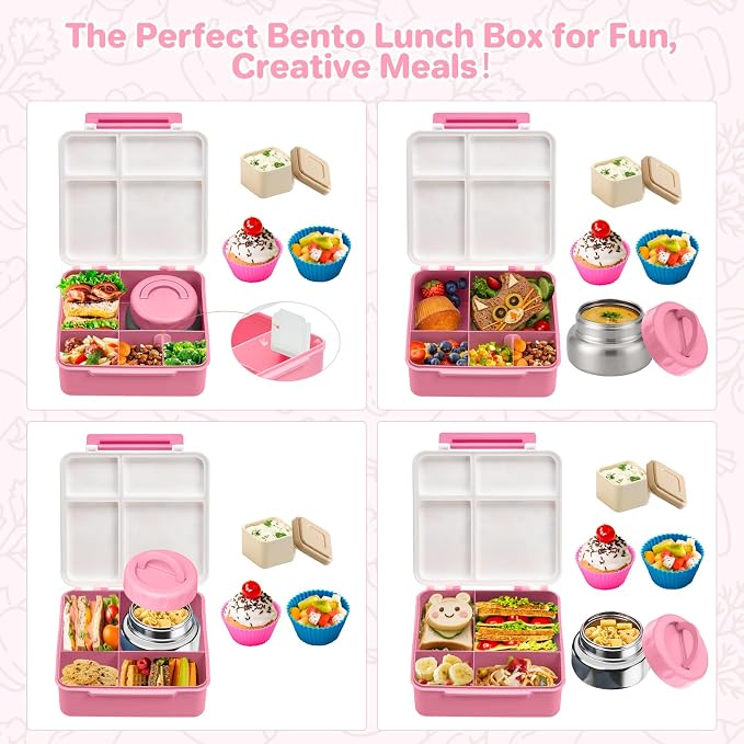 JSLOVE Bento Lunch Box with Leak Proof Thermos Food Jar for Kids, Food Lunch Containers for Girls with 4 Compartments, BPA-Free with Utensils, Food Picks, Sauce Jar & Silicone Lunch Box Dividers