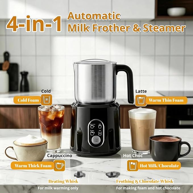 Detachable Milk Frother and Steamer: Hands-Free Froth & Clean 11.8oz | Dishwasher Safe Stainless Steel Jug - 4-in-1 Electric Automatic Hot/Cold Foamer & Hot Chocolate Maker for Latte Cappuccino