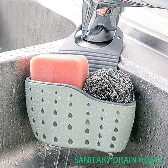 EC ELEGANTCHARM Kitchen Sink Caddy Sponge Holder Silicone Plastic Soap Holder Hanging Ajustable Strap Faucet Caddy with Drain Holes for Drying
