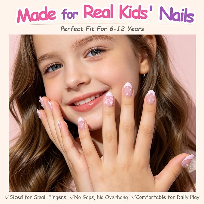 24pcs Press on Nails for Kids, Pink Bow & Pearl for Teenager Girls 8-12 | Almond Short French Tips, 12 Size, Non-Toxic, Fashion Nail Kit with Adhesive Tabs, Nail File, for Christmas, Birthday, Party